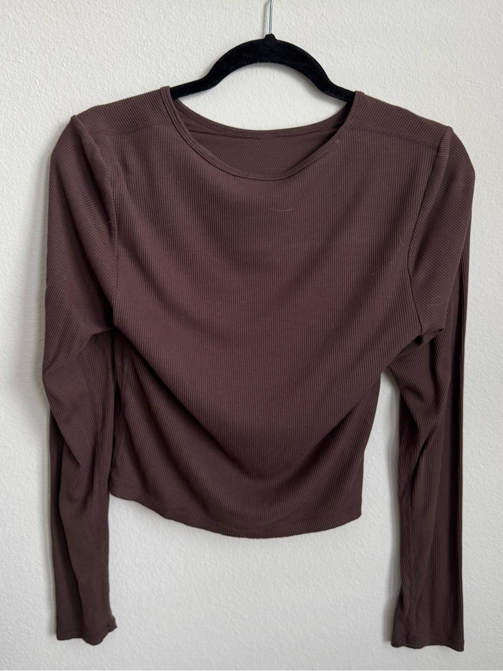 Long Sleeve Ribbed Crewneck Top in Chocolate Brown